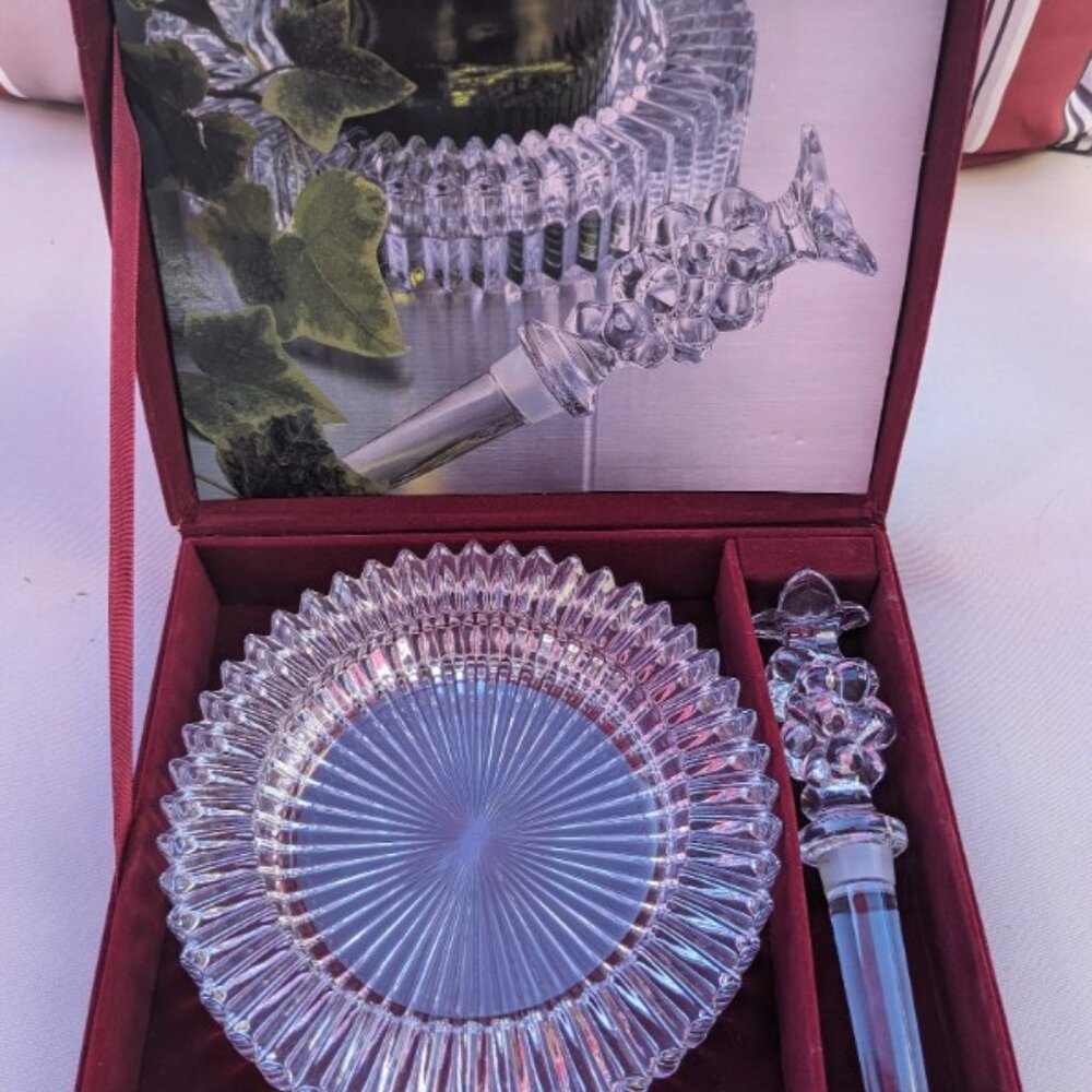 Rare Mikasa Diamond Fire Crystal Coaster & Wine Bottle Stopper Set
